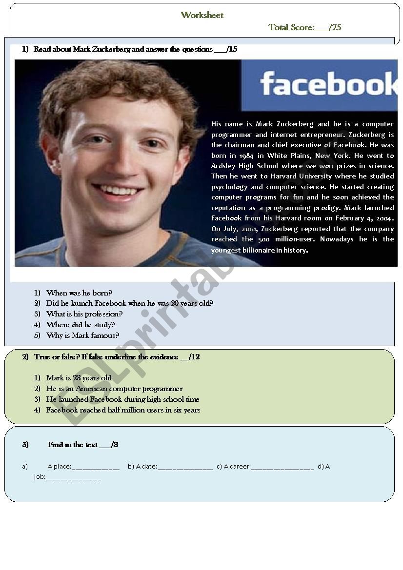 Mark Zuckerberg worksheet