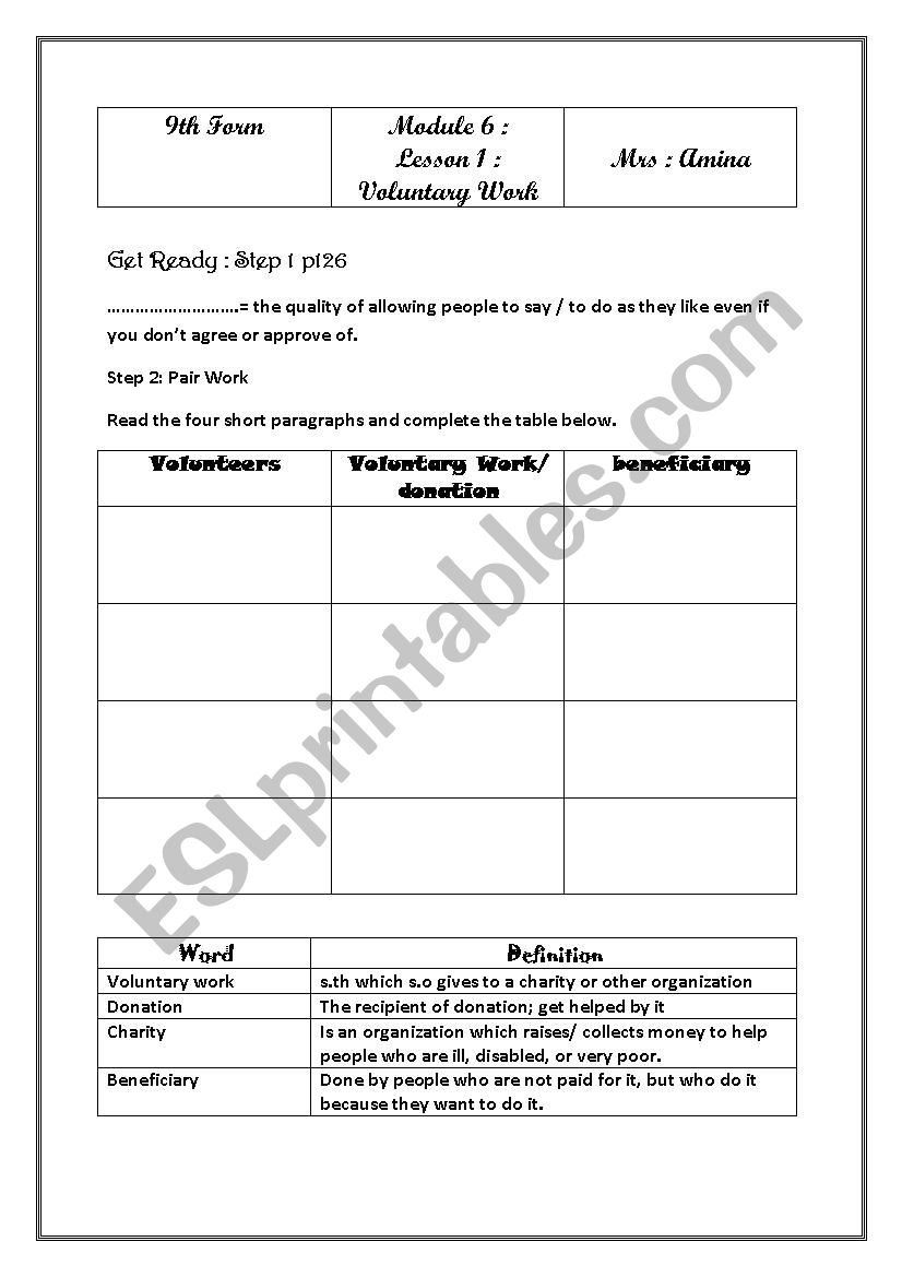 voluntary work worksheet