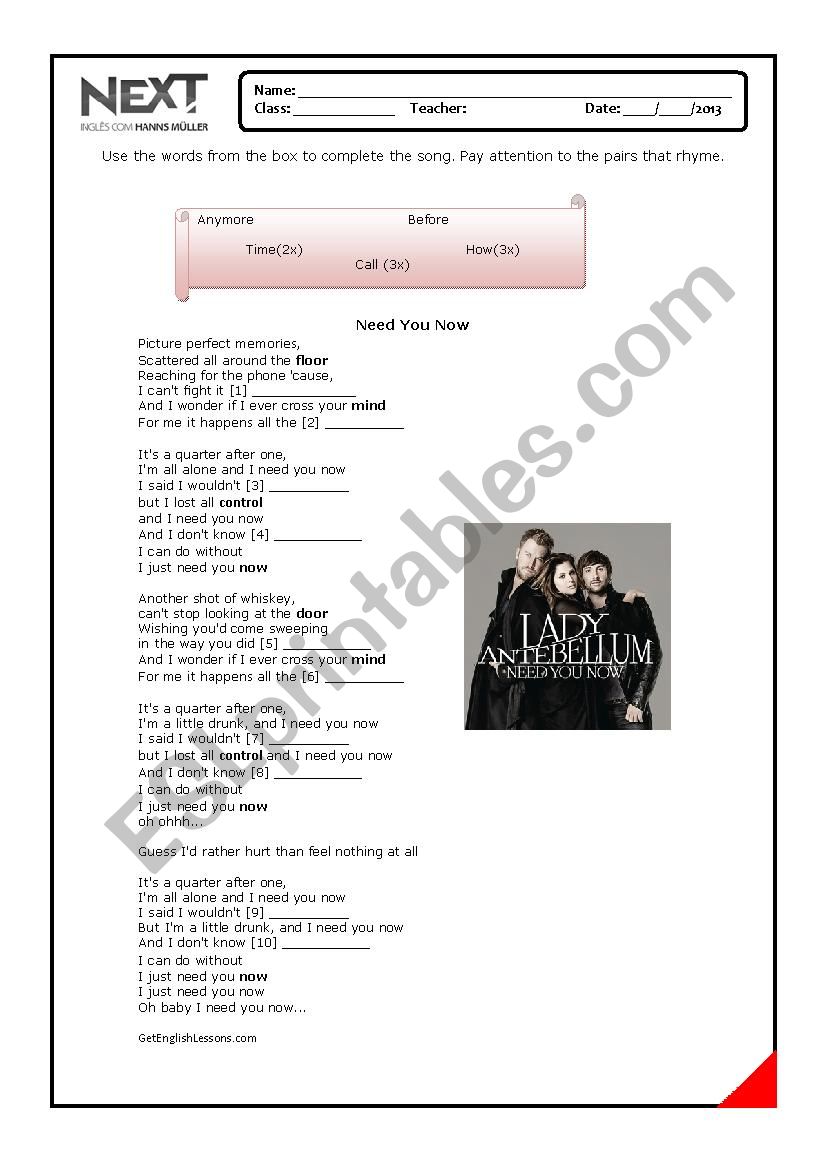 Lady Antebellum- I need you worksheet