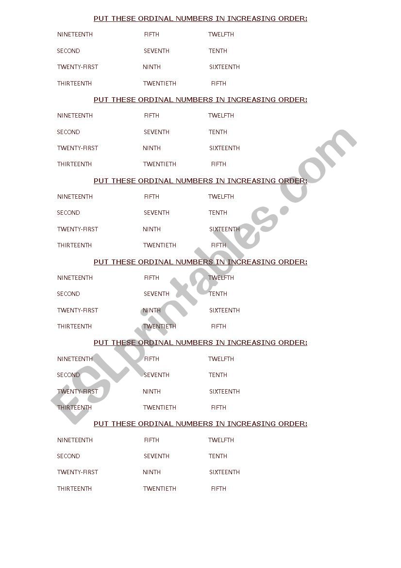 ORDINAL NUMBERS worksheet