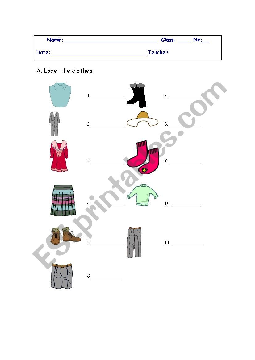 Label the clothes worksheet