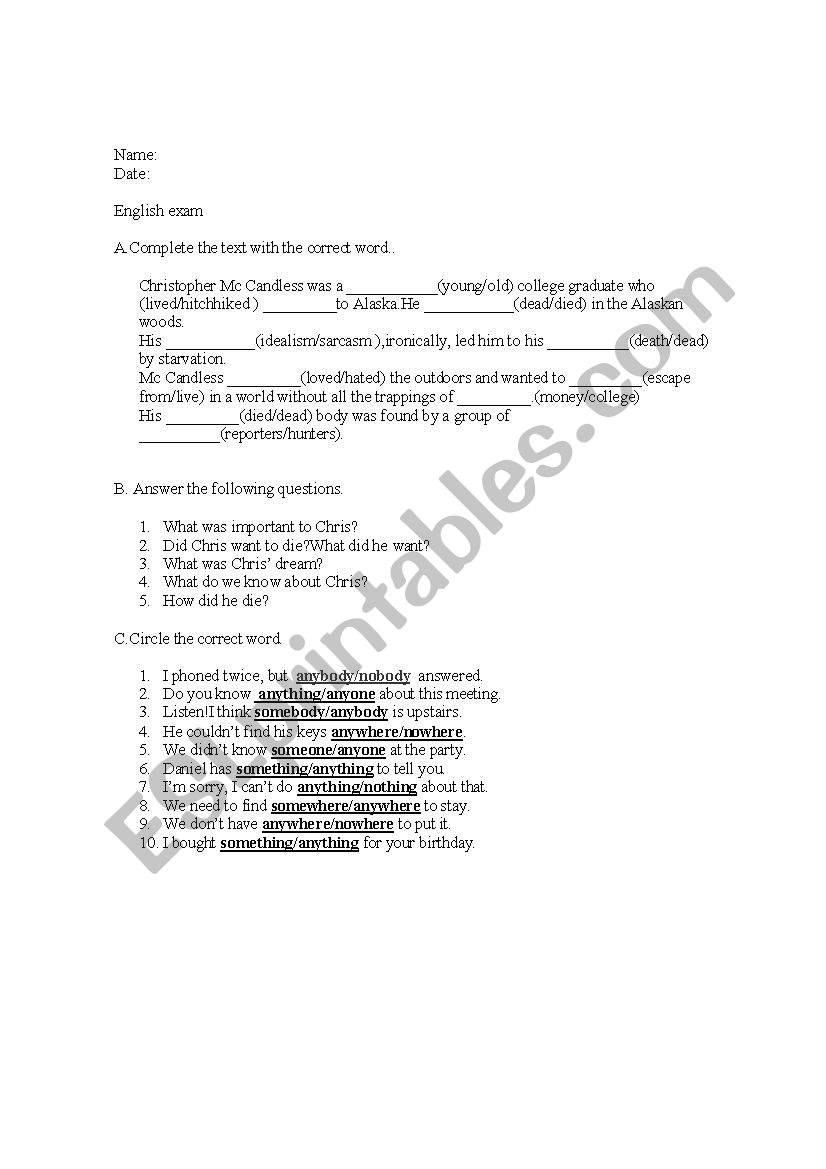 test worksheet