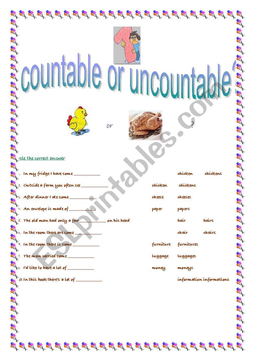 countable or uncountable? worksheet