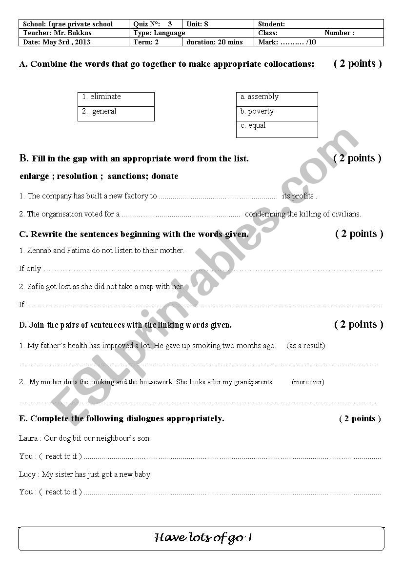 A quiz for Moroccan 2 year bac students: Unit 8