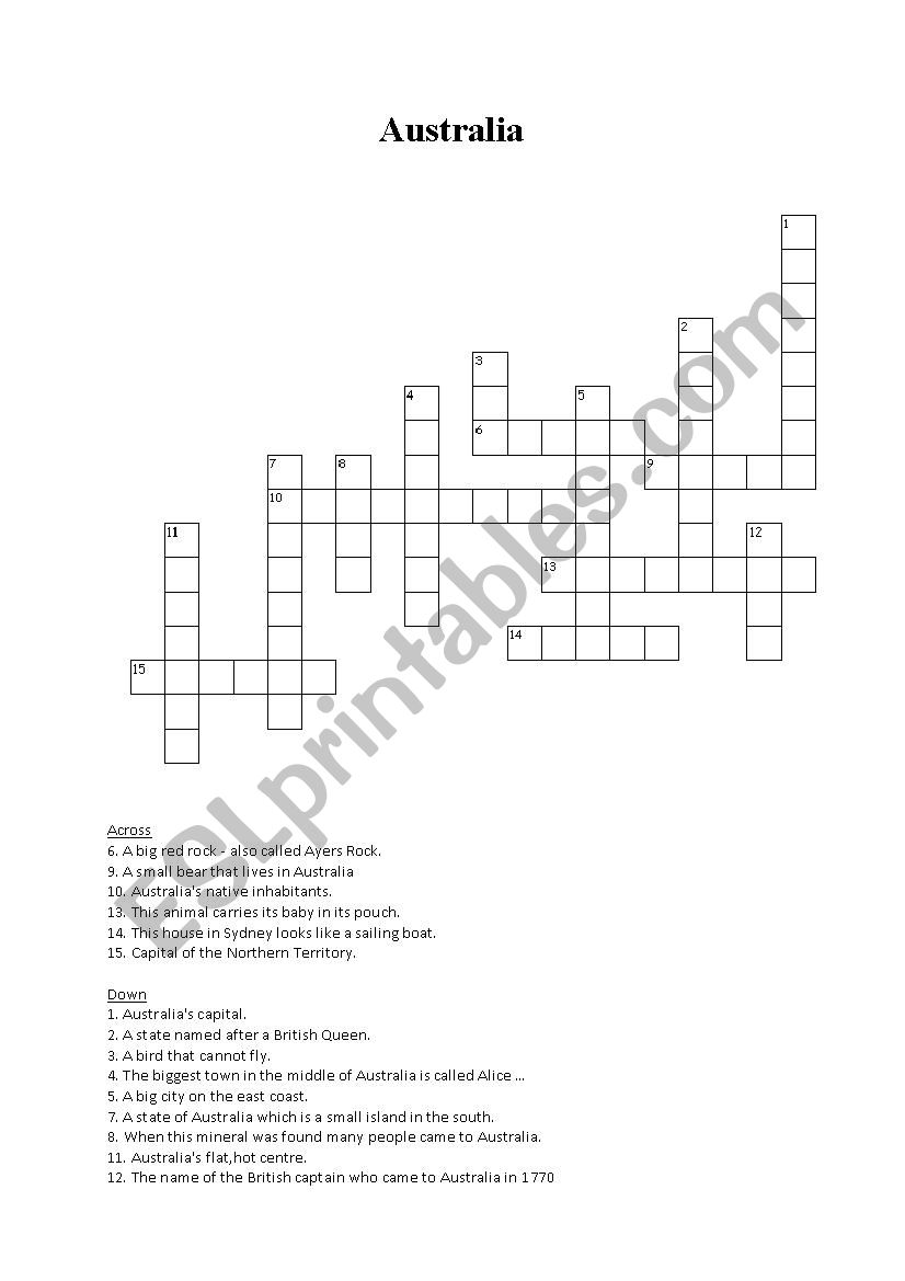 Australia crossword puzzle worksheet