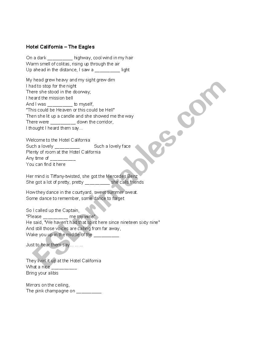 Hotel California worksheet