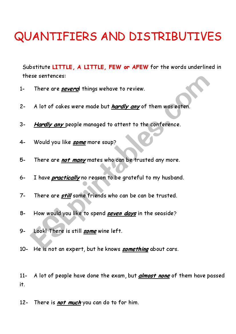QUANTIFIERS AND DISTRIBUTIVES worksheet