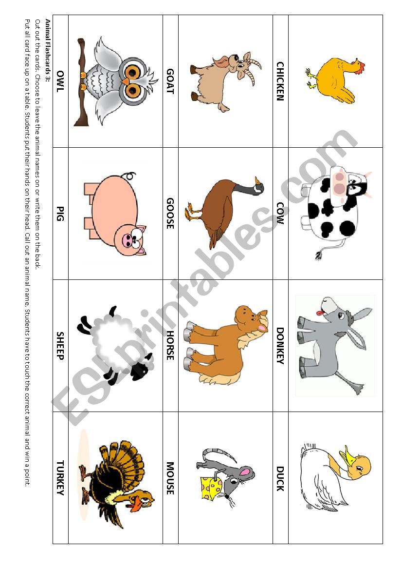 Animal flashcards 3 & Game worksheet