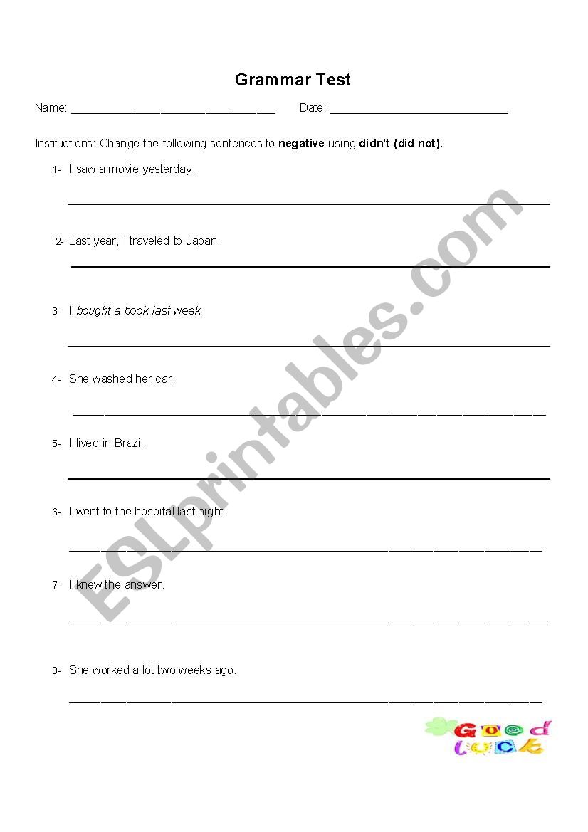 test did did not worksheet