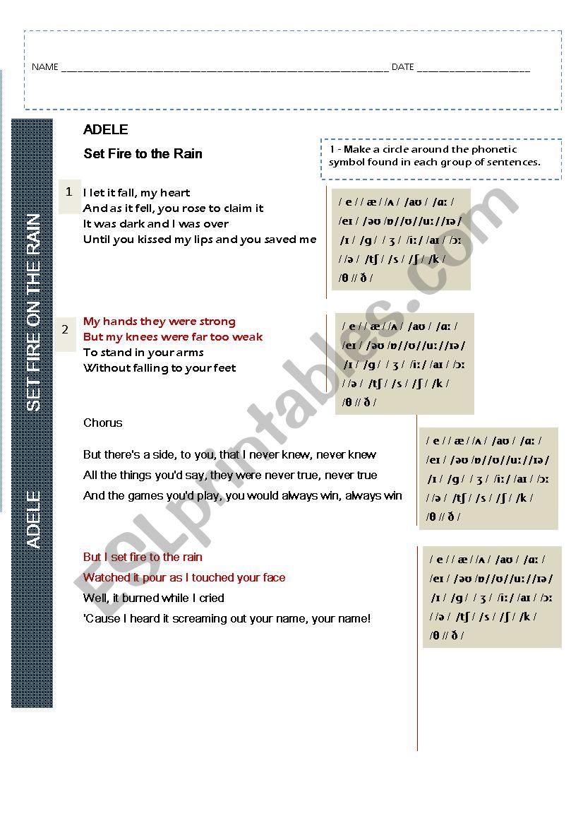 Set fire on the Rain worksheet