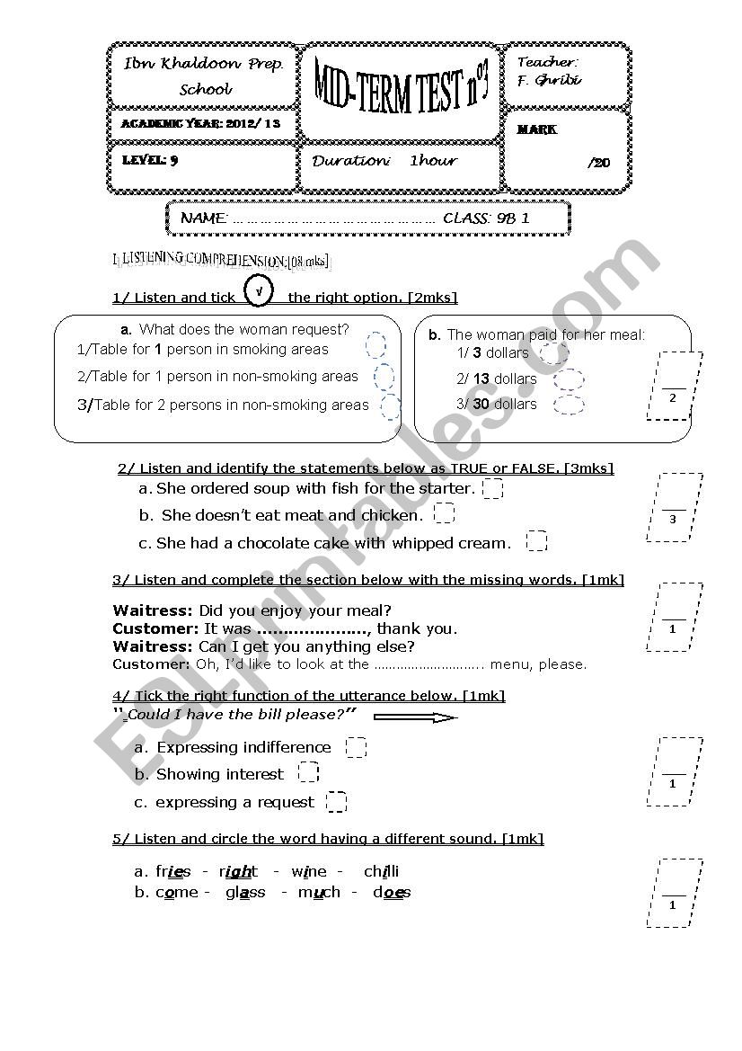 MID-TERM TEST 3  GRADE 9 worksheet