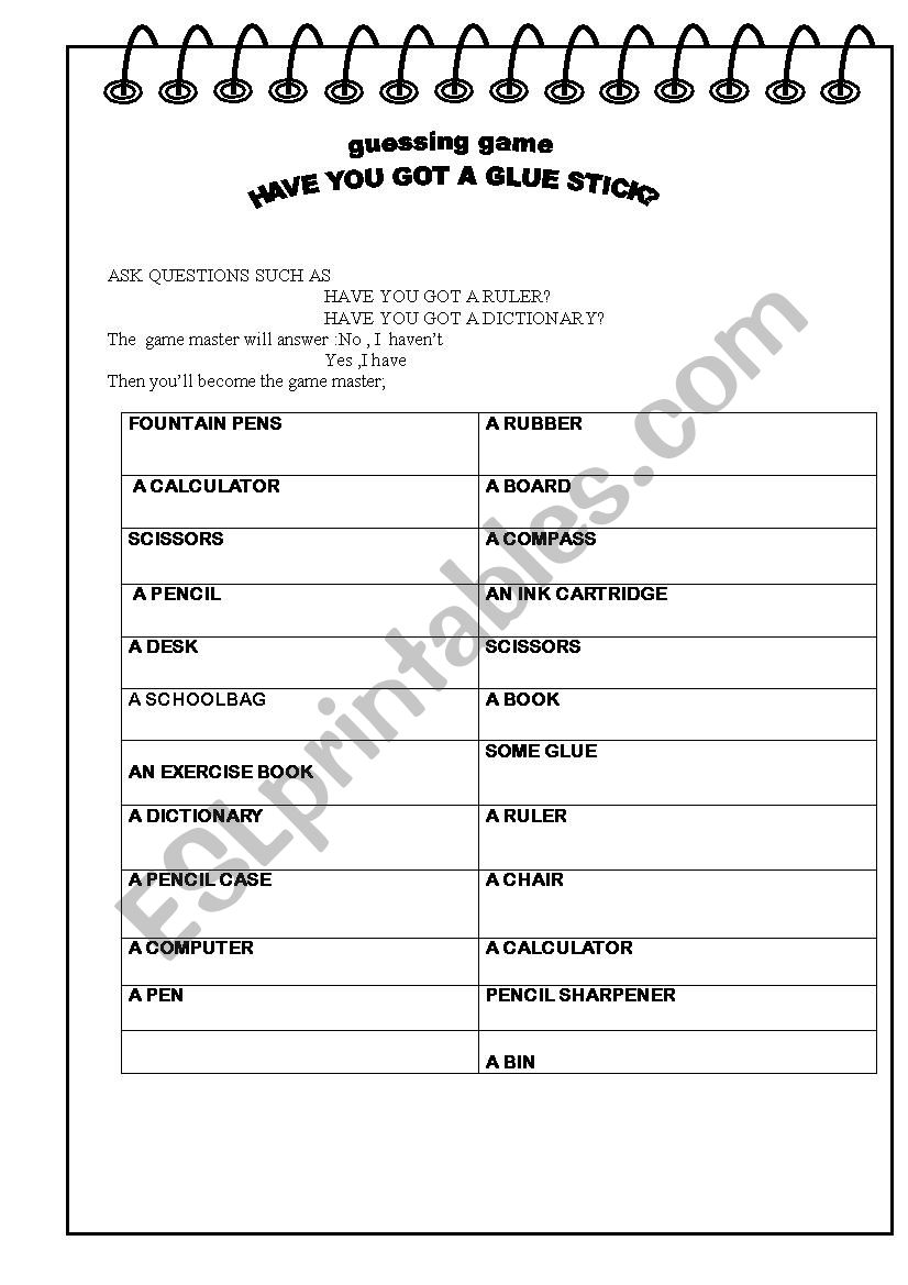 SCHOOL THINGS /GUESSING GAME worksheet