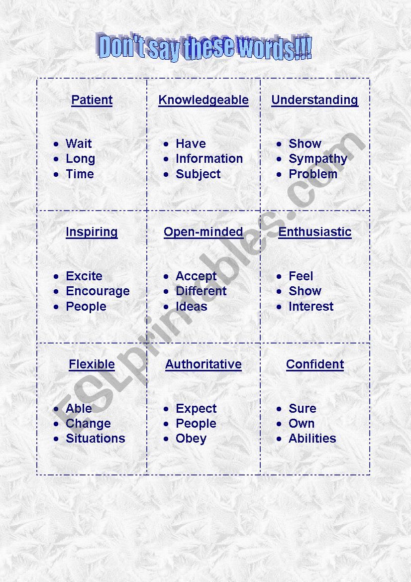Qualities Taboo worksheet
