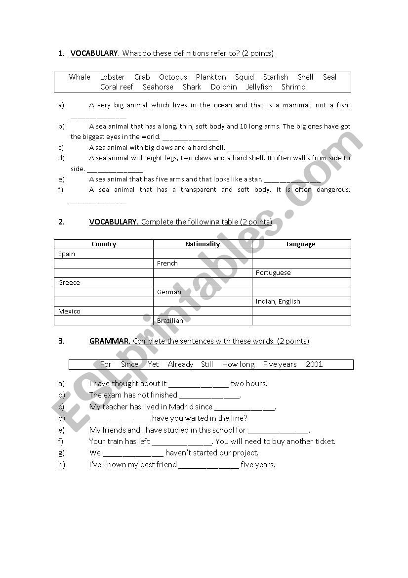 Test 6th grade - Sea animals, nationalities, present perfect