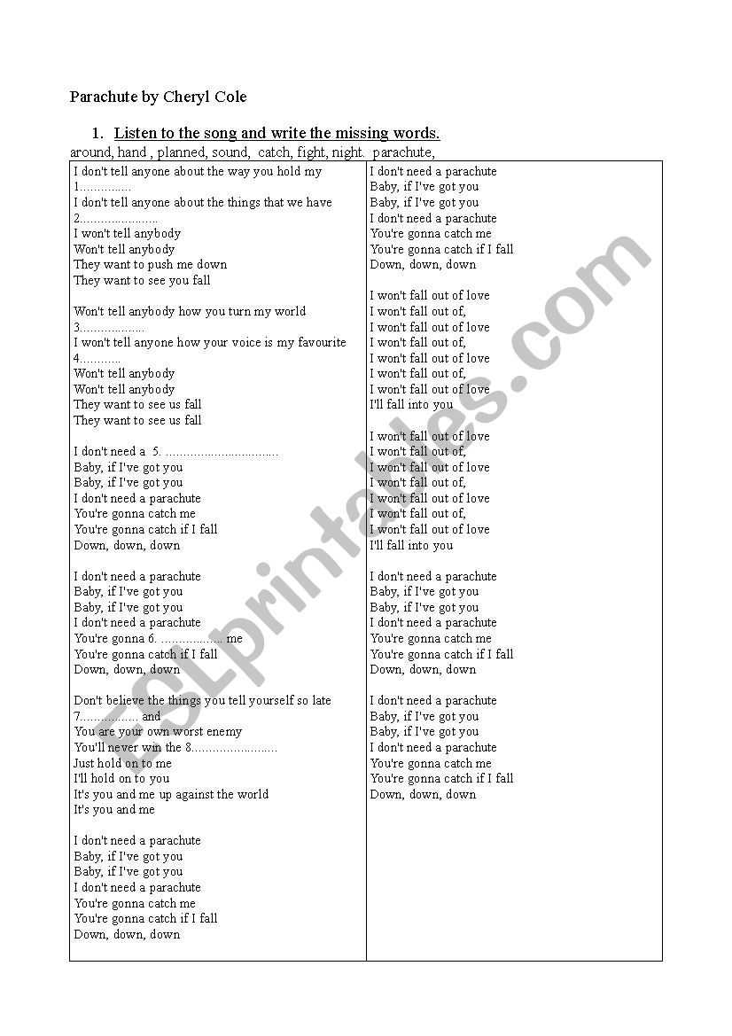 Parachute by Cheryl Cole  worksheet