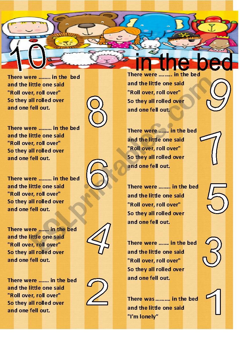 SONG: Ten in the bed worksheet
