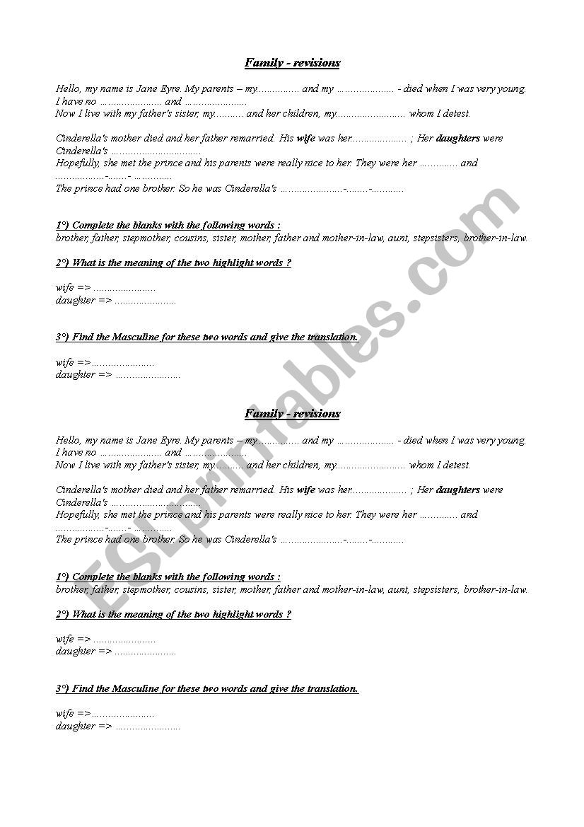 Jane Eyres family worksheet