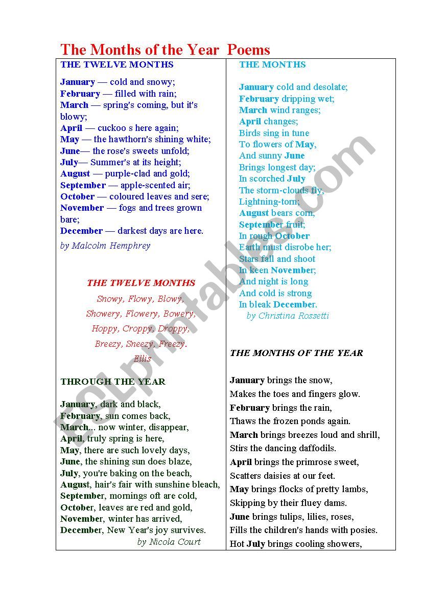 Months Poems and Songs worksheet