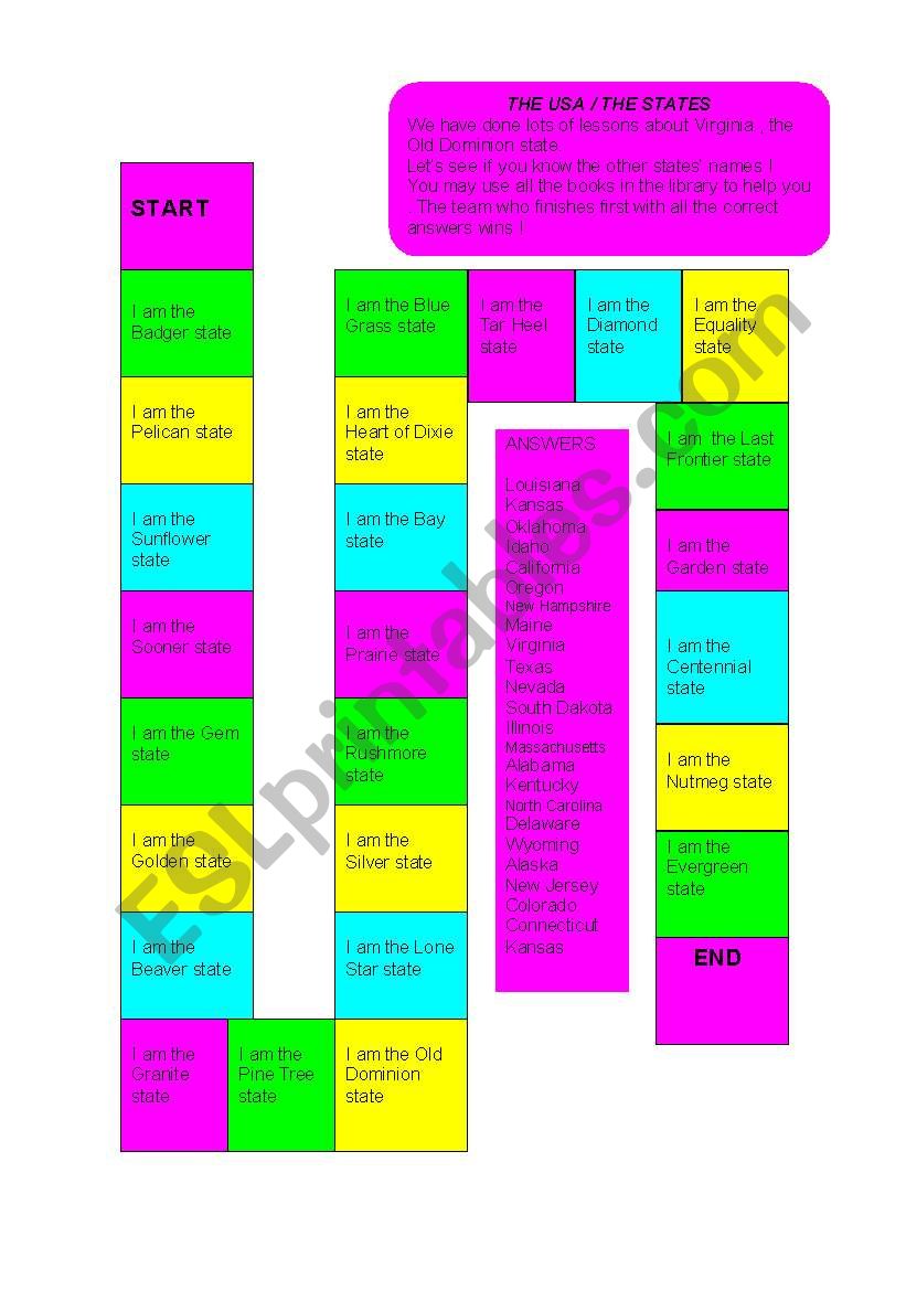 USA STATES BOARD GAME ANSWERS worksheet