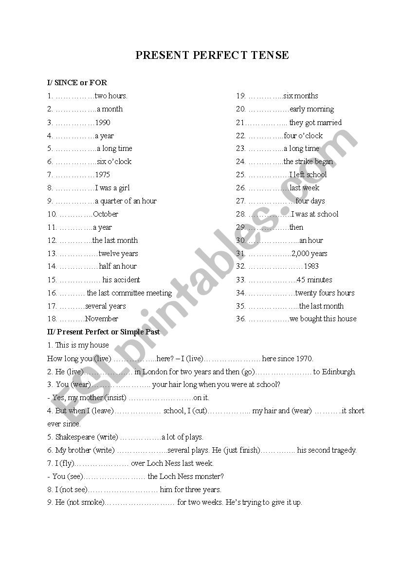 Present Perfect Tense worksheet