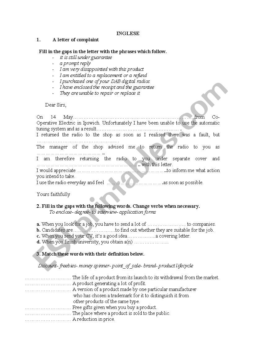 letter of complaint worksheet
