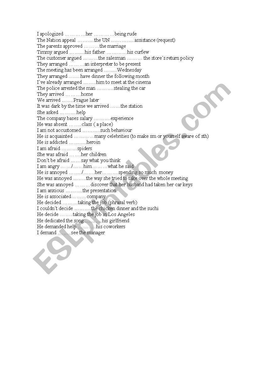 Exercises Verbs - preposition worksheet