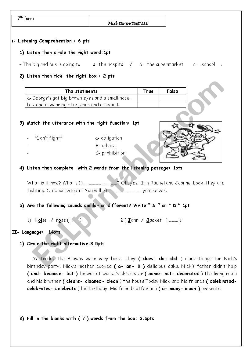 a test for 7th form pupils worksheet