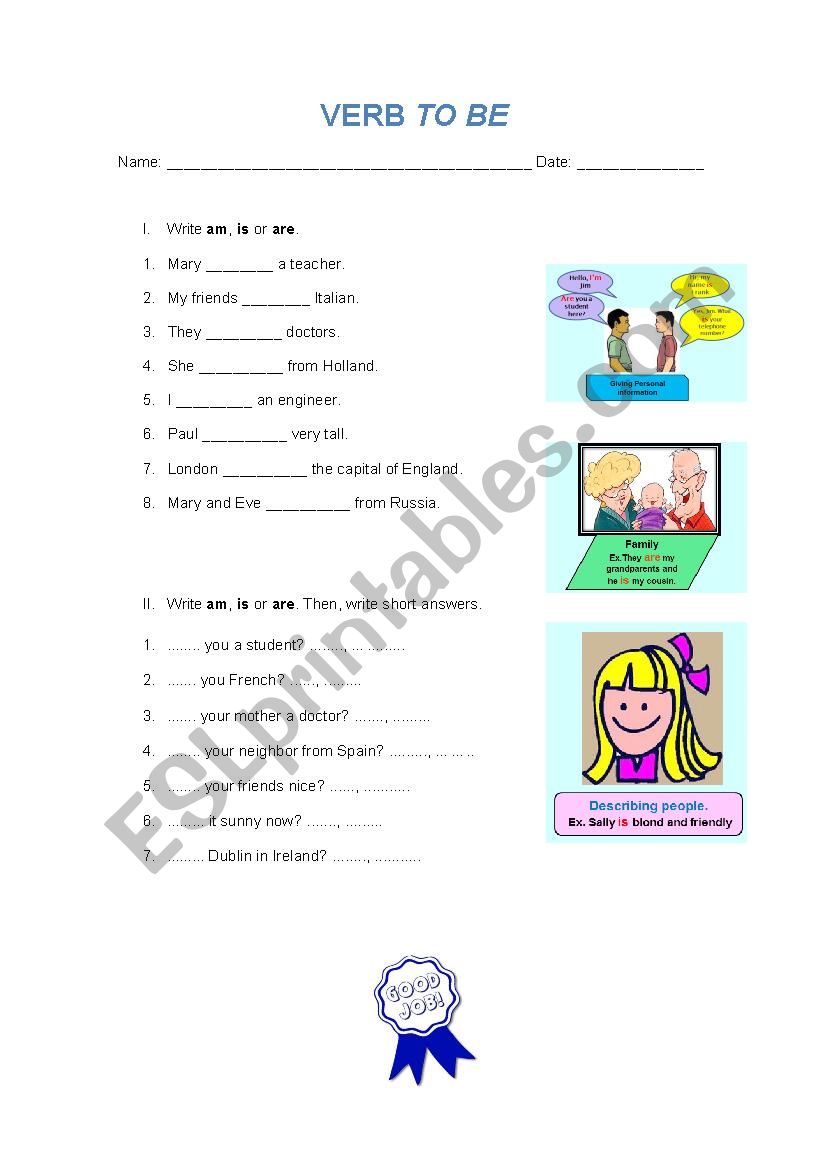 Verb to be excersices worksheet