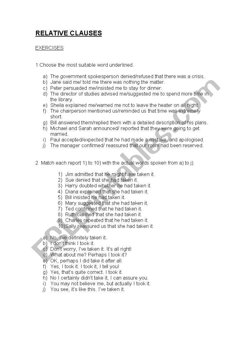 Reported Speech worksheet