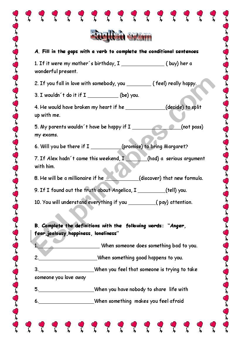 English Exam worksheet