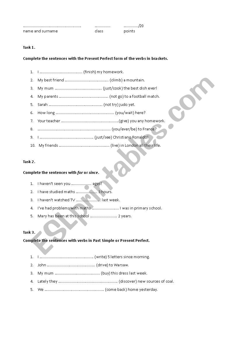 Present Perfect short test worksheet
