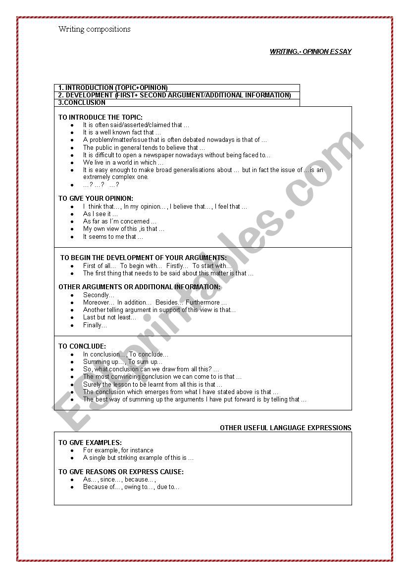 Writing an opinion essay worksheet
