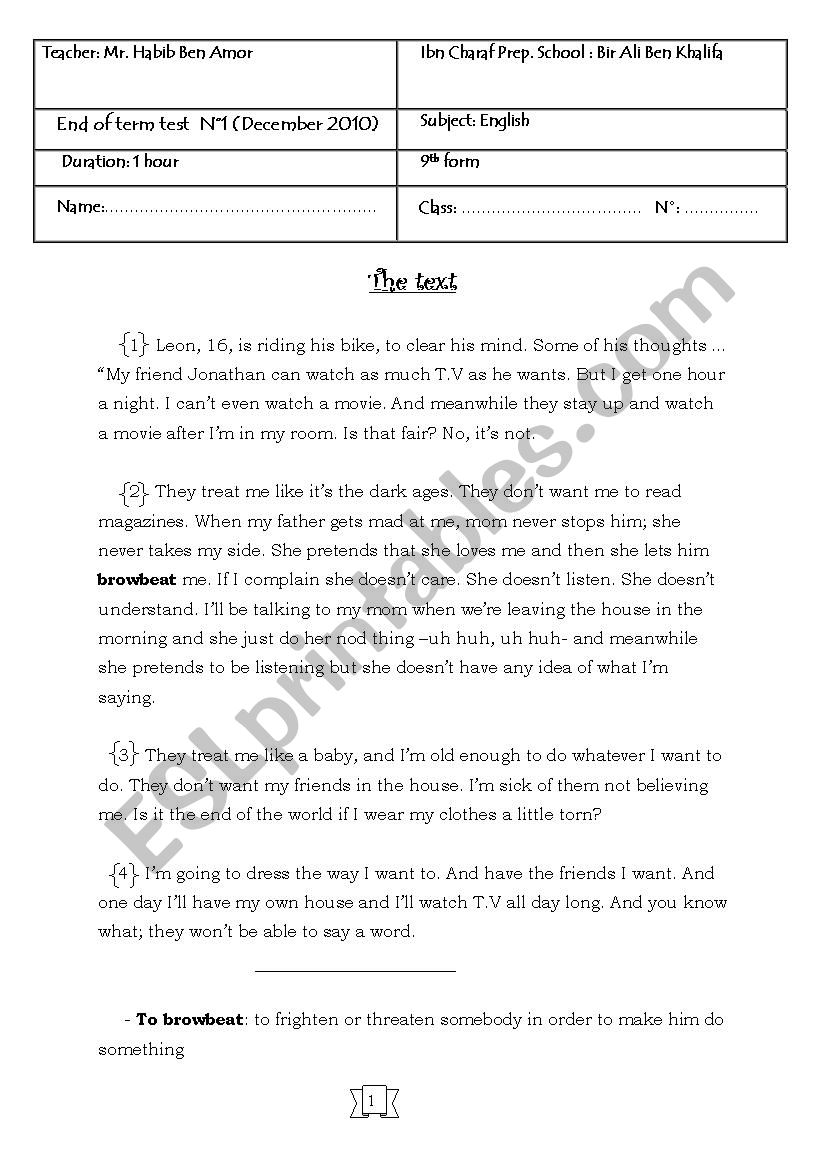 Devoir de synthÃ©se nÂ°1 worksheet