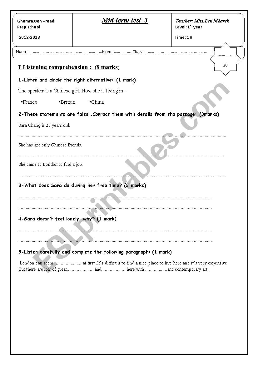 3rd mid-term test first form Tunisian students