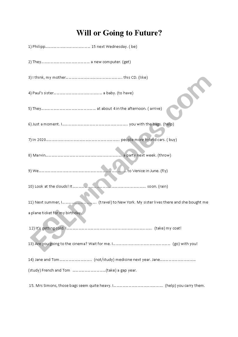 Will or Going To Future worksheet