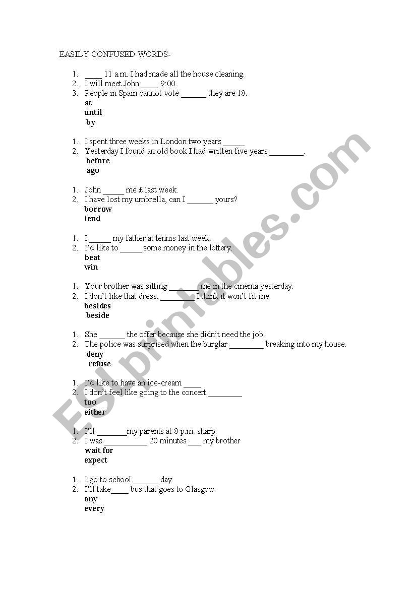 Easily Confused words worksheet