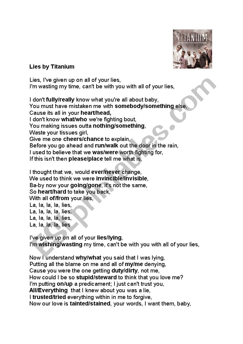 Lies song by Titanium worksheet