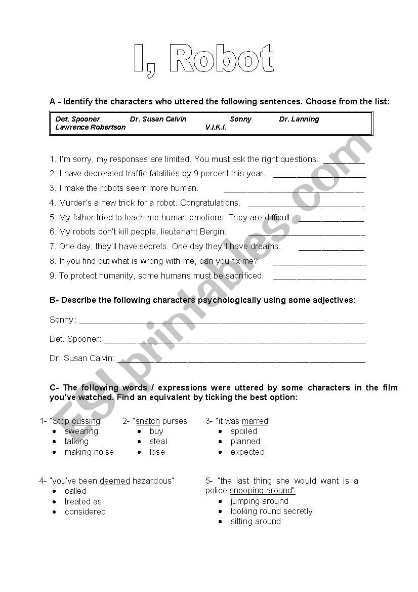 I, Robot worksheet