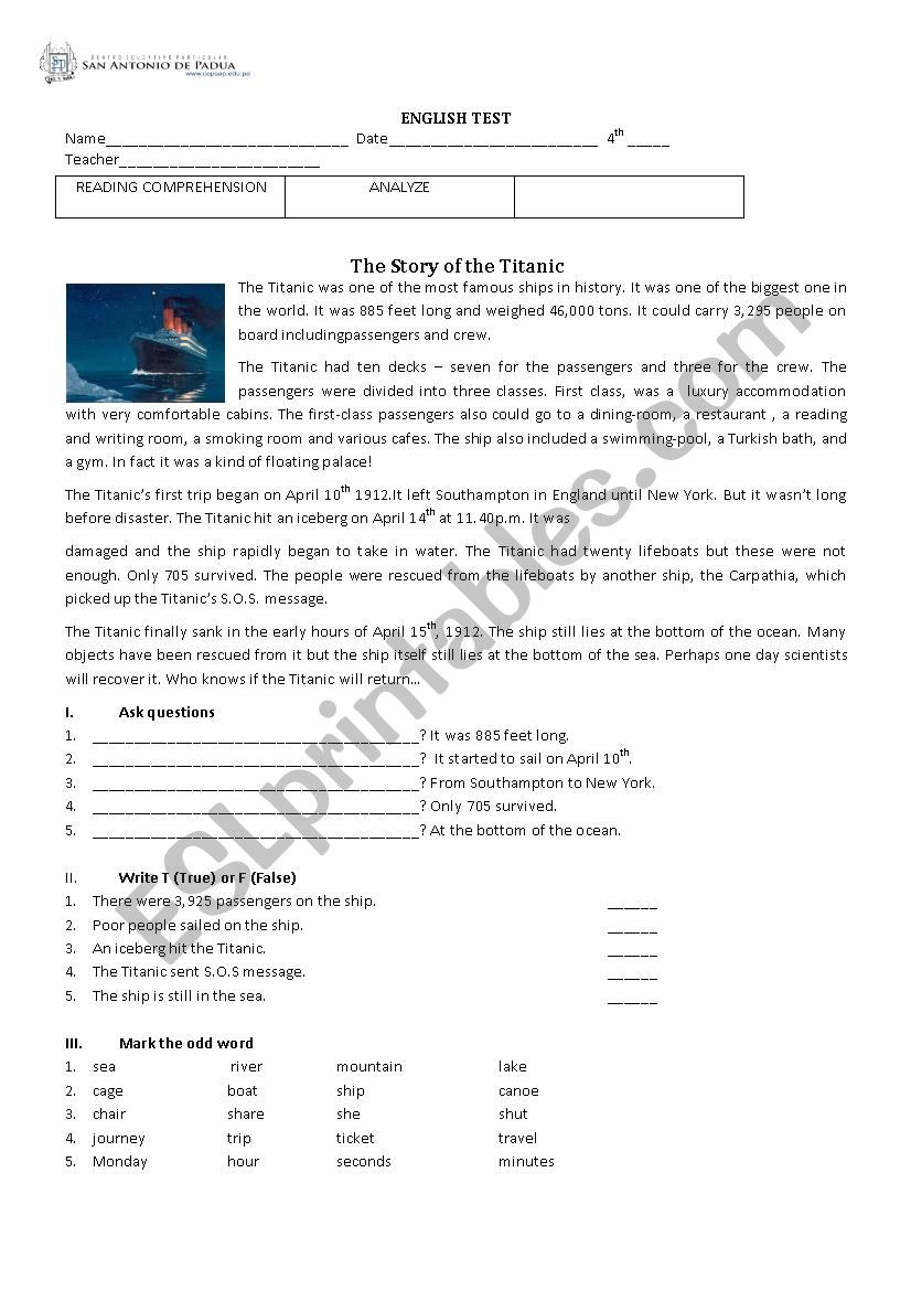 titanic test worksheet