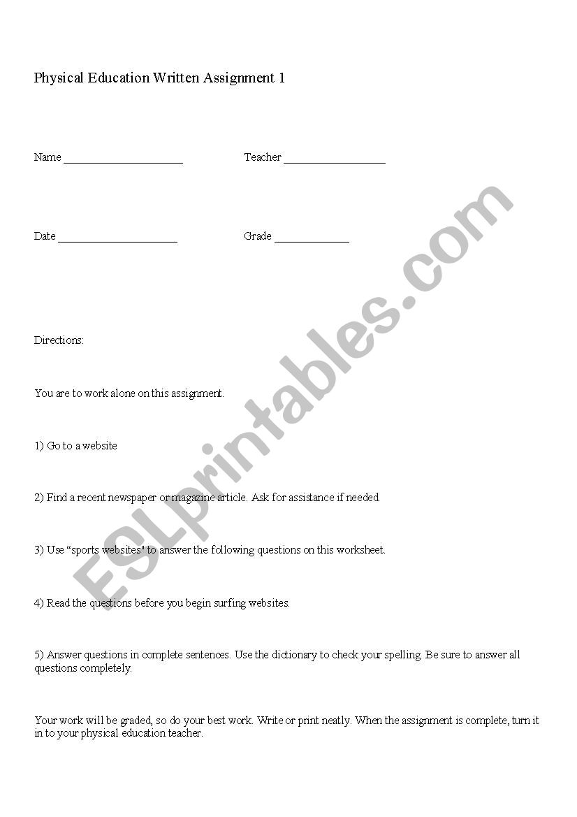 PE  worksheet