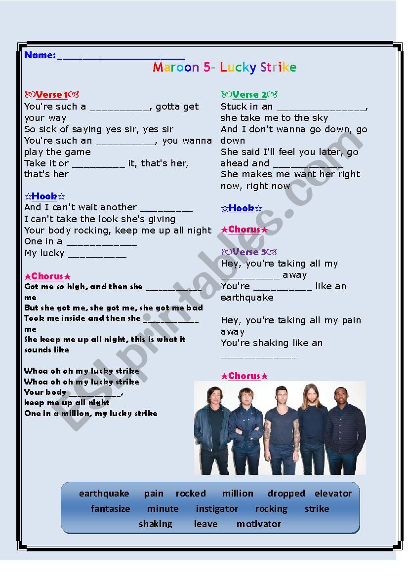 Maroon 5- Lucky Strike Fill in the blanks lyrics worksheet