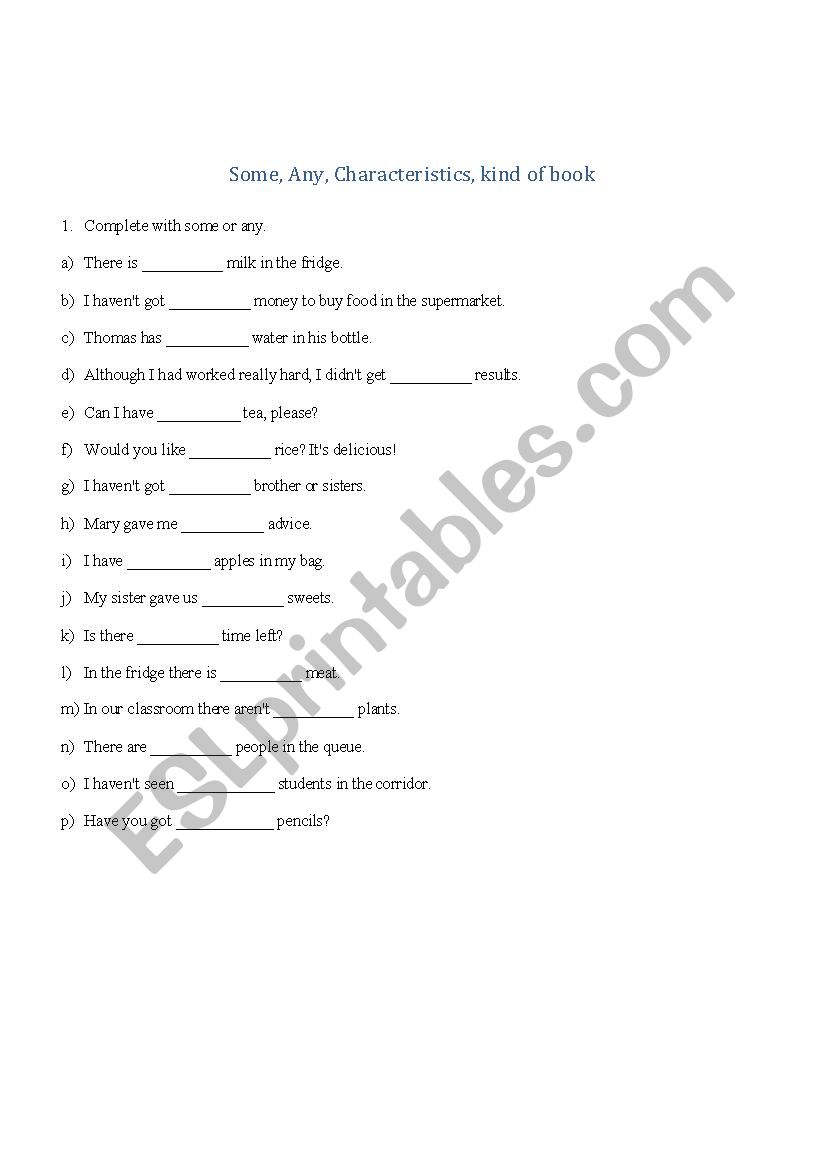 Some Any Characteristics worksheet