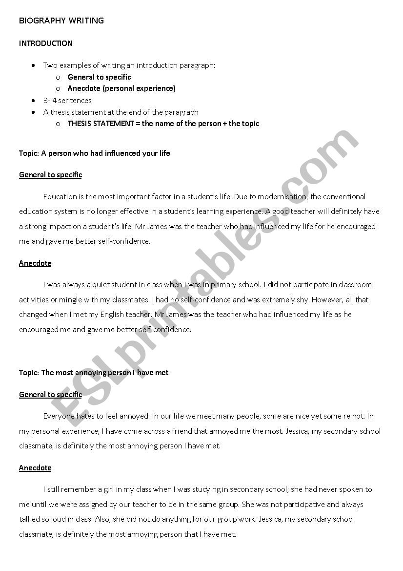 Biography Writing worksheet