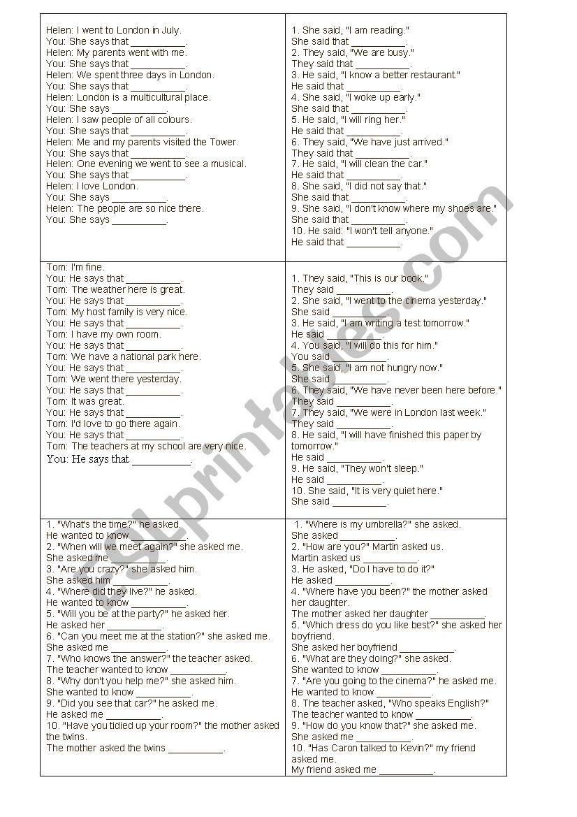 Grammar  Reported Speech worksheet