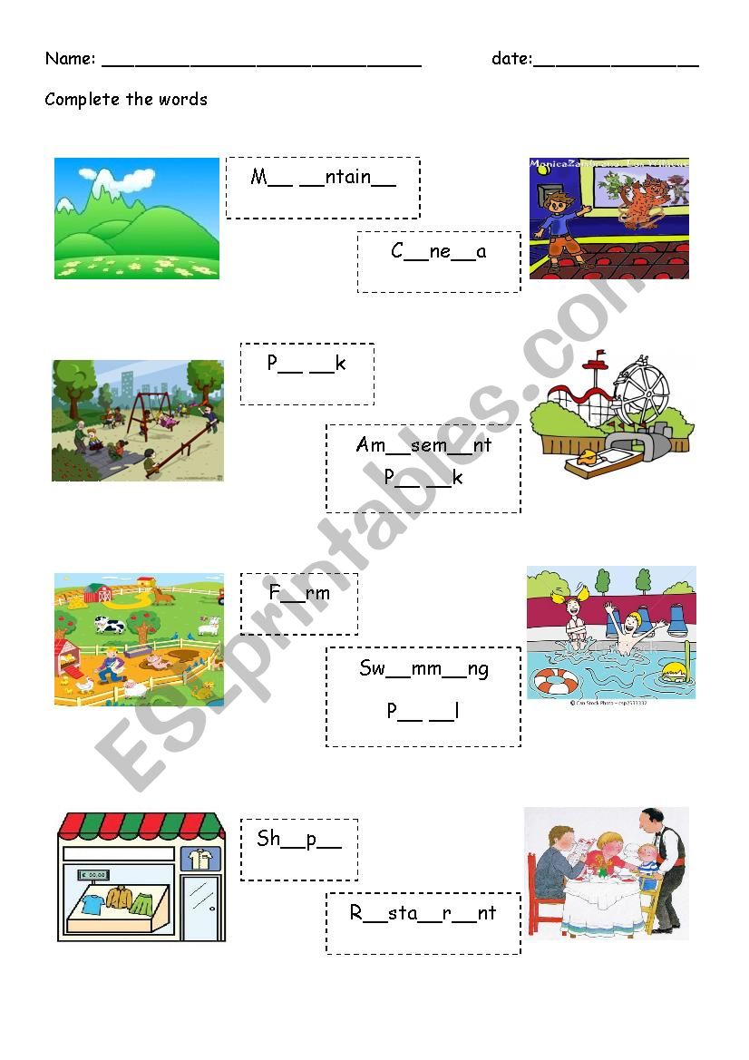 complete names about places worksheet