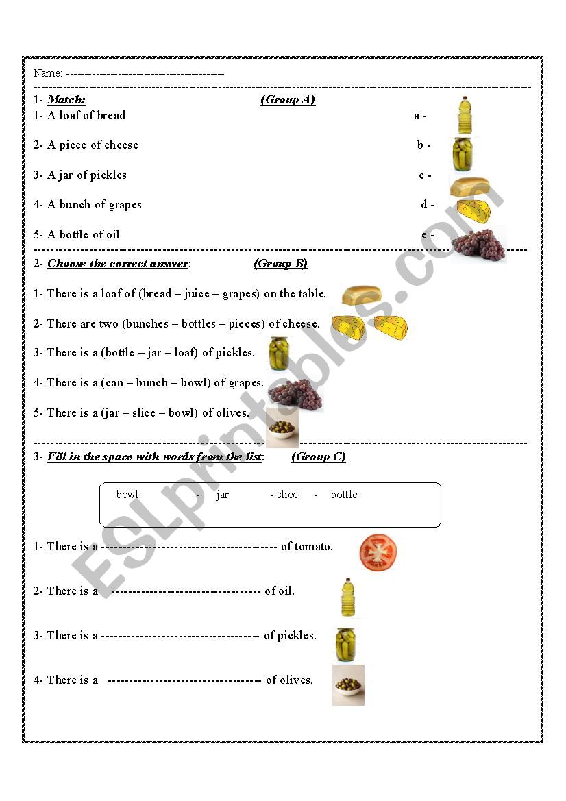 food worksheet