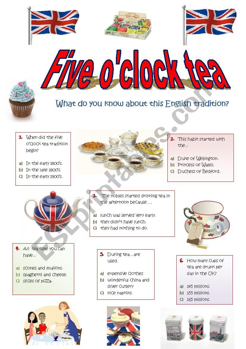 ANYONE FOR TEA? a quiz on "5 o´clock tea" ESL worksheet by Ticas
