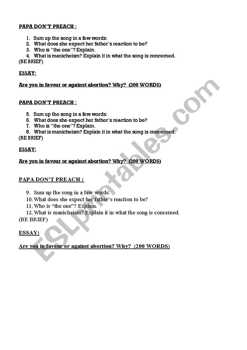 PAPA DONT PREACH worksheet