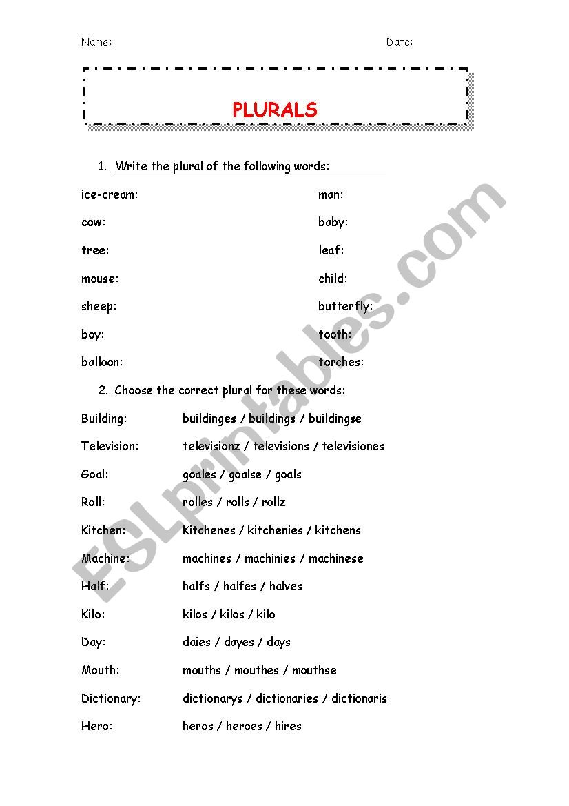 PLURALS worksheet