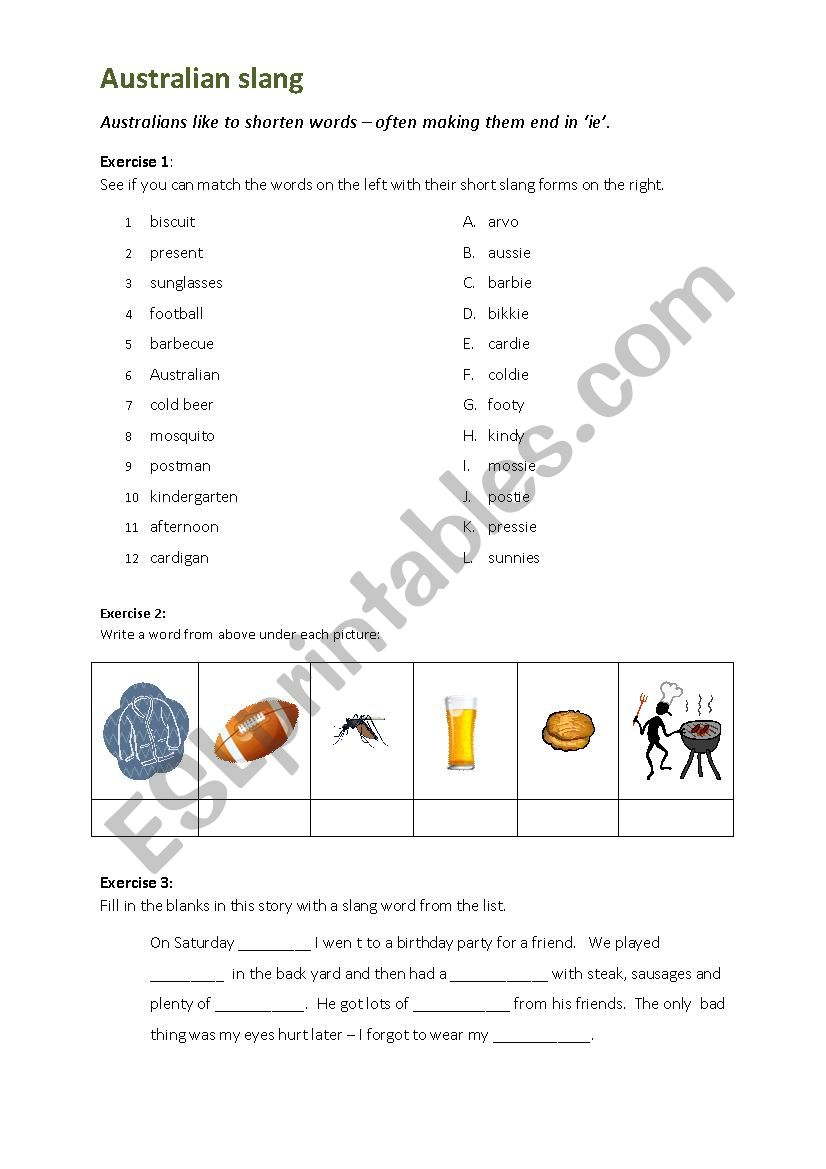 Australian slang worksheet